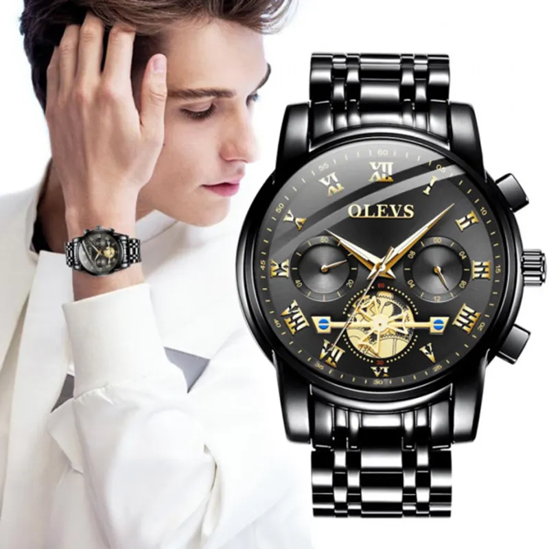 OLEVS Multifunctional Black Stainless Steel Men's Watch- 2859